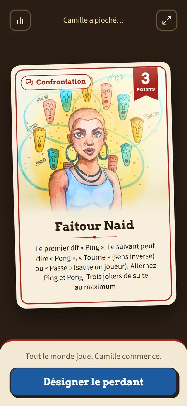L’appli en pleine partie : la carte Faitour Naid vient d’être piochée, avec sa règle et le bouton « Désigner le perdant ».