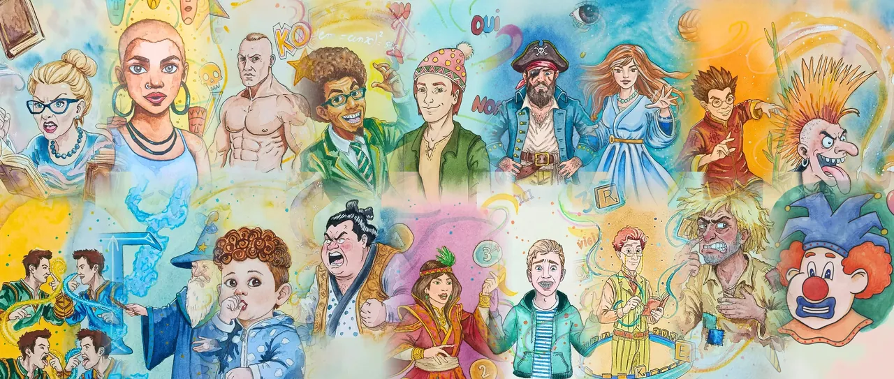 Frise à l’aquarelle des dix-huit villageois de Poumeyrol, tels qu’ils apparaissent sur les cartes du jeu.